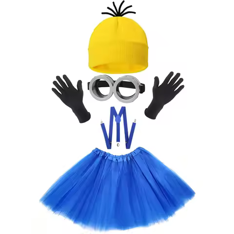 Halloween Minions Knitted Hat Gloves Eyewear Mesh Skirt Shoulder Strap Set Adult Dress Accessories S