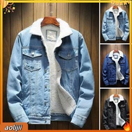 Men Jean Jacket Thicken Lamb Cashmere Lining Solid Color Coldproof Outerwear Winter Single Breasted 