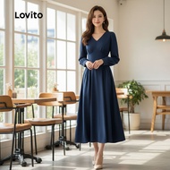Lovito Women's Casual Pleated Relaxation Dress for Spring/Summer in Navy Blue L151AD109