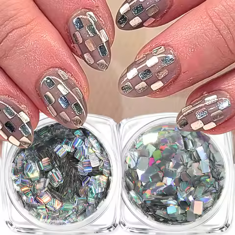 3D Silver Mini Square Laser Holographic Nail Art Sequins, Square Laser Nail Sequins DIY Nail Salon S