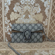 Gucci 咖PVC拼麂皮Dionysus Mini銀釦酒神下蓋斜背包