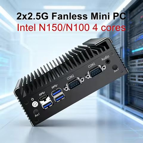 Topton Fanless Mini PC Intel N150 N100 2x2.5G Nics 2*COM, NVMe, DDR4 2*HD 1*DP Type-C Solid Firewall