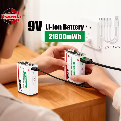 Rechargeable 9V Battery, 21800mWh Large Capacity 9 Volt Li-Ion Batteries Charge with Type-C Cable, f