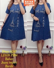 Dress Jeans Wanita Mini Dress Lepis Jumbo Lengan Pendek Terbaru Dress Korean Style Daster Jeans Home