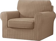 CHUN YI 3 Piece Houndstooth Armchair Sofa Cover, 1 Seater Stretch Couch Slipcover with One Separate Backrest and Cushion with Elastic Band, Swallow Gird Fabric(Camel)