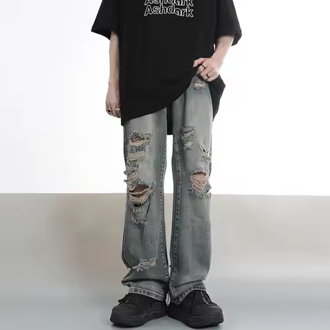 Male Classic Baggy Straight Ripped Denim Pants Men Fashion Cool Style Streetwear Jeans American Vint