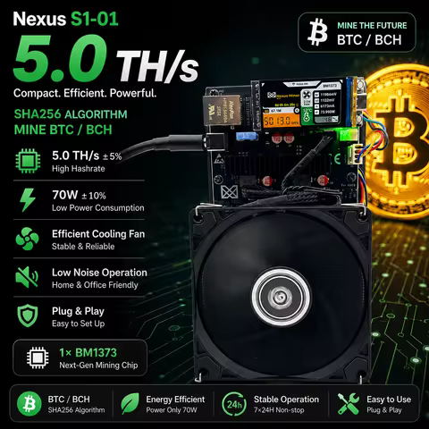 Nexus S1-01 5T Bitcoin Solo Miner 1X BM1373 Chip 70W SHA-256 ASIC Mining Machine for BTC BCH Home De