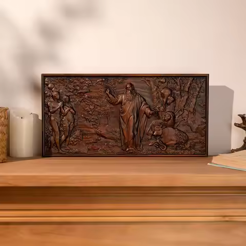God Adam and Eve Genesis Ornament Statue Saint Wooden Plaque Jesus Christ Home Church Wall Decoratio