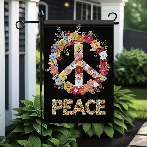1pc Vibrant Peace Symbol & Floral Garden Flag - Double-Sided Polyester Outdoor Decor, 11.81 x 17.72 