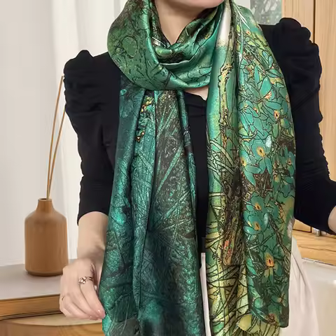 Fashion Luxury Green Silk Scarf 85*180cm Women Soft Smooth Scarves Head Wrap Hijab Outdoors Muffler 