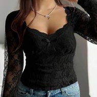 Celure Plus-Size Women French Romantic Lace Bowknot Sexy Top Black Tops Women Sexy Black Lace Top Bl
