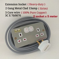 Extension Socket Heavy-Duty 13amp 2 Gang Metal Clad Switch Socket Wire 3 Core 70/076 X 5 Meter 100% Pure Copper Cable