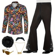 2026 Spring Retro 70s Men Disco Outfit Shiny Shirt and Bell Bottom Pants Set Stage Performance Costu
