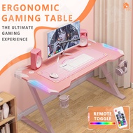 TEC โต๊ะเล่นเกม โต๊ะคอมพิวเตอร์ RGB สีชมพู เก้าอี้เล่นเกมส์ สีชมพู มีรูปทรงขาZ โต๊ะคอม มีไฟ RGB มีไฟ LEDสวย ไม่แสบตา หน้าโต๊ะหุ้มคาร์บอ
