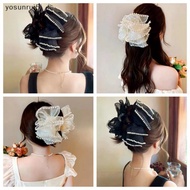 yosunrui5j] Elegant Chiffon Pearl Grab Clip Girl Double Sided Bow Hair Claw Clip Fashion Bubble Wome