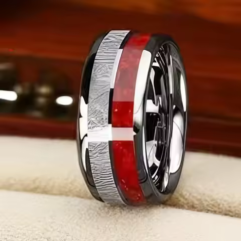 8MM Unique Men's Rings Silver Meteorite Inlay Stainless Steel Ring for Women Luxury Red Store Weddin
