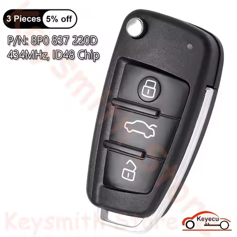 KEYECU 3 Buttons 434MHz ID48 Chip for Audi A1 Q3 A3 TT S3 S1 2005-2014 Auto Flip Remote Key Fob Repl