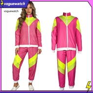 VOG* High Waisted Trousers 2pcs Retro 80s Disco Tracksuit Set for Men Women – Color Block Zipper Jac
