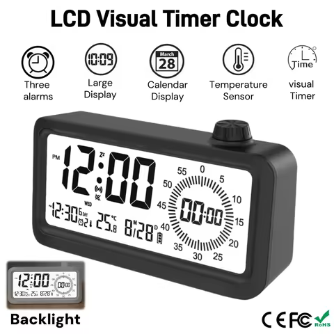Pomodoro Digital Visual Timer with 3 Alarm Clock, All in One 60min Study Kitchen Shower Blacknight C