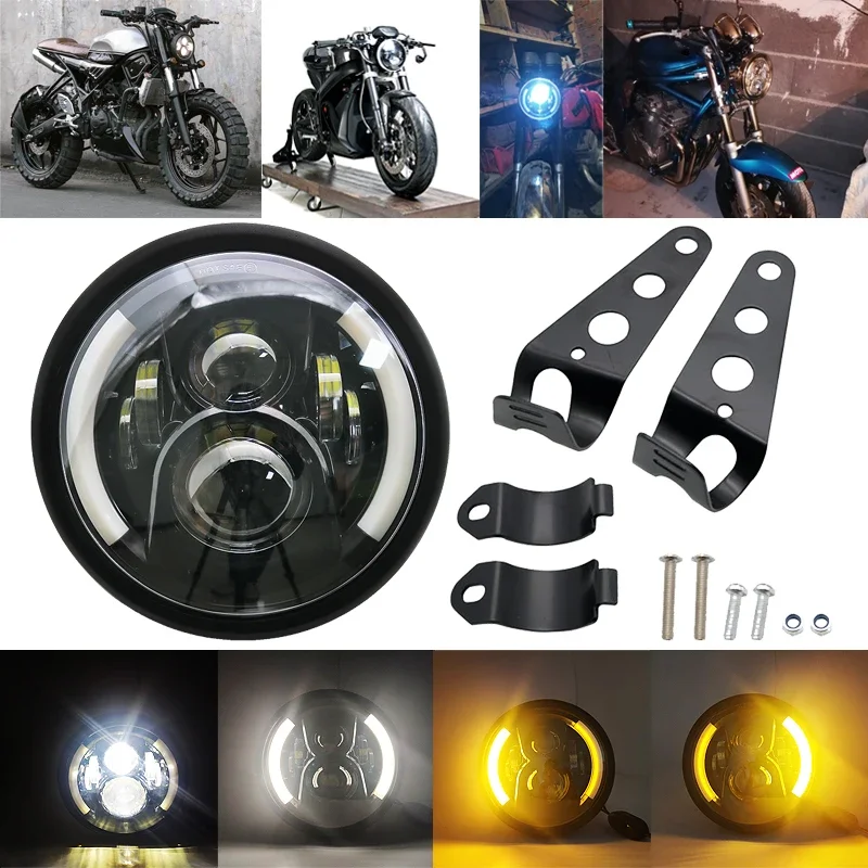 Universal 7.5 "ไฟหน้ากลมสําหรับ Cafe RACER Bobber Honda 7 นิ้ว LED ไฟหน้ารถจักรยานยนต์ 