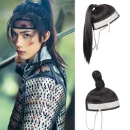 OOP Breathable Natural Synthetic Chinese Style Hair Antique Ninjas Hair Piece Cosplay Headdress Ancient Costume Hair Accessories Fake Hair Bun Hanfu Men'S Wig Long Straight Ponytail Ming-Made Net Towel Wig