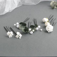 White flower hair pins Eucalyptus bridal hair piece Floral hair piece pearl