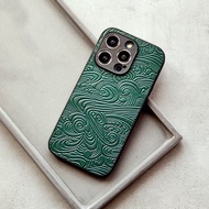 行雲流水|墨綠iphone15promax手機殼真皮14plus保護套13mini蘋果