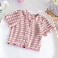 （6m-8Y）Korea Baby Girl Knitted Short Sleeve Top Flower Button Rainbow Stripes Blouse