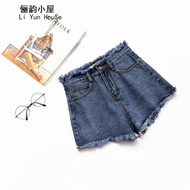 Li Yun hut retro flash slim tassel Wide Leg Denim Shorts female blue S.