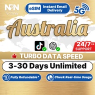 Australia eSIM Ultimate 3-30Days Unlimited Data  | Instant Email Delivery | Turbo Data Speed