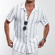 Men's Casual Striped Polo Collar Shirt Men's Casual Preppy Baby Blue Striped Woven Fabric Short Slee