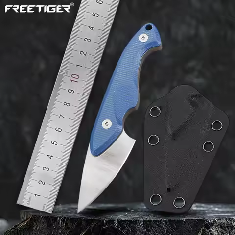 FREETIGER Fixed Blade Knife for Camping Hiking, 14C28N Blade Blue Micarta Handle Small EDC Knife for
