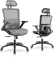 Ergonomic Office Chair, High Back Mesh Office Chair with 4D Adjustable Flip-Up Armrest, Swivel Rolling Computer Desk Chair with Lumbar Support and Adjustable Headrest, Tilt Function, Grey