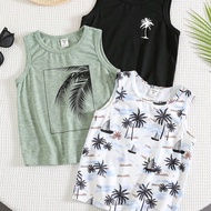 3 PiecesTween Boys Casual Holiday Style Palm Tree Print Sleeveless Loose Knit Tank Top Set, Suitable