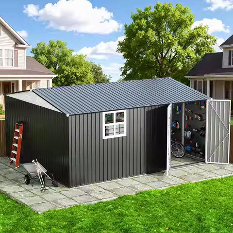 VIWAT 10x12~12x14 FT Outdoor Metal Storage Shed with Window, Lockable Garden Tool Shed, Heavy-Duty F