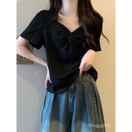 【Ensure quality】Autumn Yifan plus Size Women's ClothingVCollar and Shoulder Design Fashionable TwistTT-shirt2024Summer N