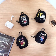 Cartoon Black Soft Universal Earphone Earbuds Mini Storage Zipper Bag with Hook for AirPods Galaxy B