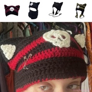 Bang Popular Bobble Hat Knit Beanie Hat with Cat Ear Y2K Women Winter Hat Cool Girls Crochet Hat Sof