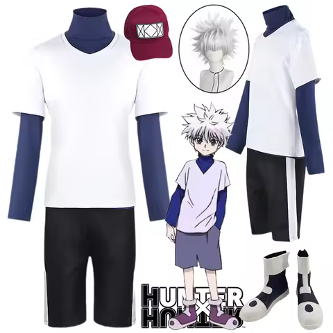 Anime Killua Zoldyck Cosplay Costume Hunter Killua White Wig Shoes Hat Full Set Outfits Halloween Pa