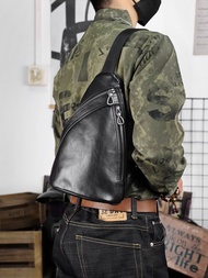 休閒單肩後背包 真皮胸包單肩包 牛皮側背包 隨身斜挎包 黑色 男