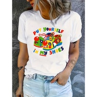 Clown Shoes Print T-shirt,Short Sleeve Crew Neck Casual Top For Summer&Spring,Women's Clothing