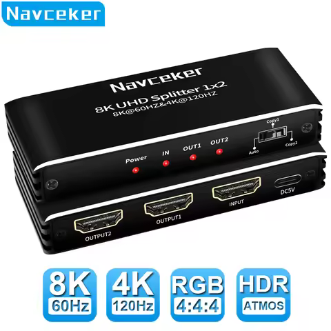 Navceker 8K 60Hz HDMI Splitter 4K 240Hz 1x2 HDMI 2.1 Audio Splitter 1 in 2 out Simultaniously HDMI A