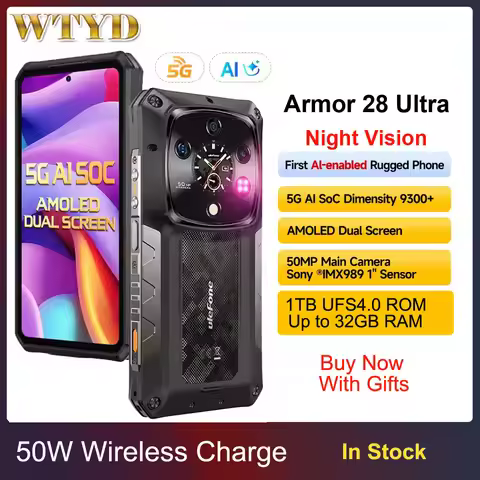 Ulefone Armor 28 Ultra 5G AI Rugged Phone 16GB+1TB Night Vision 10600mAh 6.67" Android14 MediaTek Di