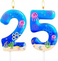 Ocean Style Number Candle 2 and 5 for 25th Birthday Cake, White Wax with Cartoon Floral Jellyfish Se