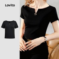 Lovito Casual Tshirt Bow Leisure Simple Spring/summer Black Tshirt for Women L172ED448