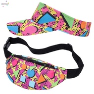OKHALLO 80s 90s Fanny Pack, Soft Colorful 80s Outfit Sun Visor Hat,  Comfortable Cotton Waist Bag fo