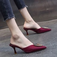 SWEETC High Heels Stiletto Pointed Rhinestone Toe Half Slippers High Heels