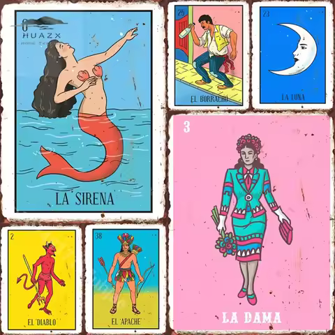 Vintage Mexican Loteria Tarot Metal Tin Sign Set Retro La Sirena El Borracho La Dama El Diablo Wall 
