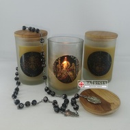 LILIN A Set of Beeswax Prayer Candles in a Medium Slim Glass with Wooden Lid - 3 x 24 hours