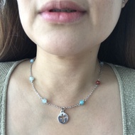 Aquamarine natural stone stainless steel cross short necklace, women's necklace, short necklace, cro